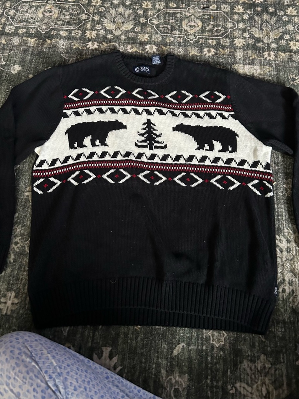 Chaps Black Crewneck Sweater with White and Red Fair Isle Bear Motif